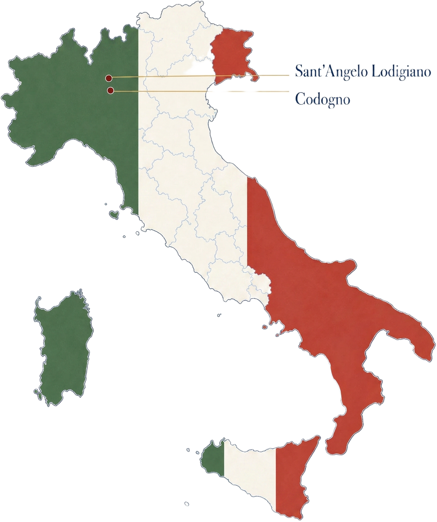 Mapa da Itália destacando Sant'Angelo Lodigiano e Codogno, na Lombardia
