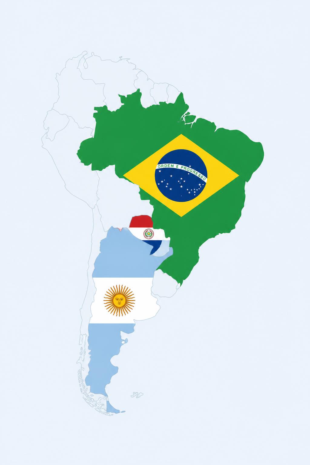 Mapa da América do Sul destacando Argentina, Brasil e Paraguai